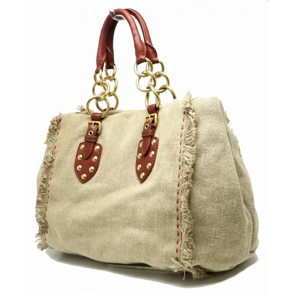 Miu Miu Fringe Linen Hemp Tote Bag Beige Brown - Picture 2 of 8